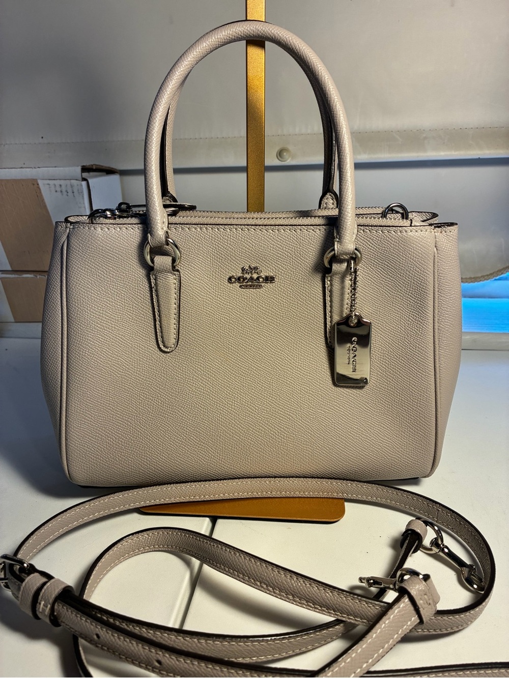 Coach Small Surrey Pebbled Leather Satchel in Light Gray